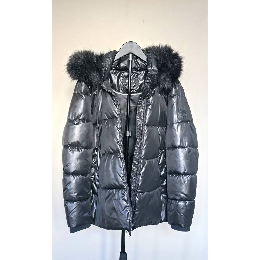 DKNY Black Quilted Puffer Coat 2X Faux Fur Hood Side Zip Vents